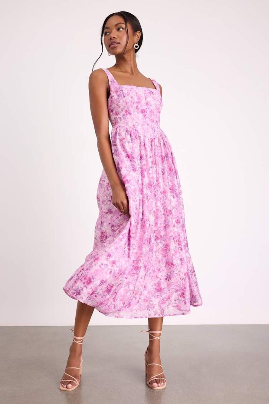 NWT Lulus Colwyn Light Magenta Floral Jacquard Bustier Midi Dress Medium